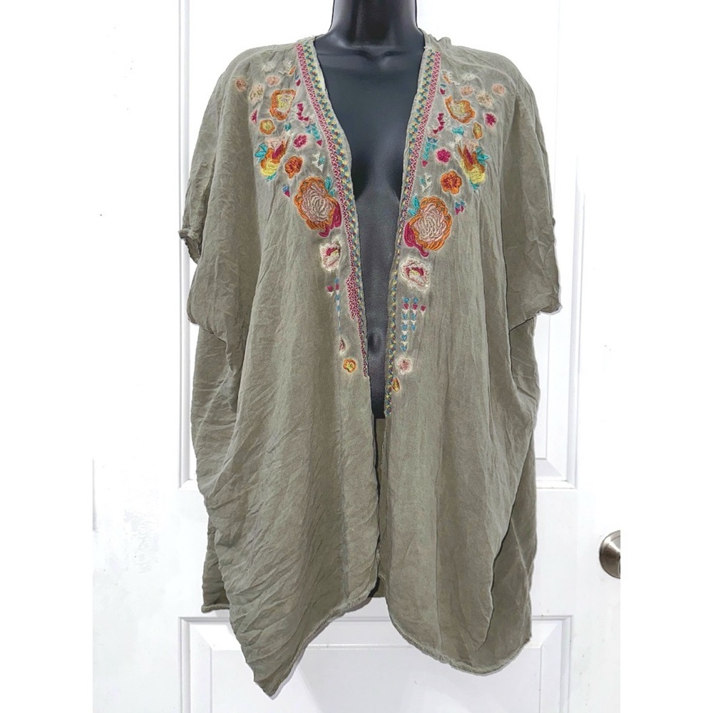 Altar’d State Olive Green embroidered kimono shawl, rayon fabric